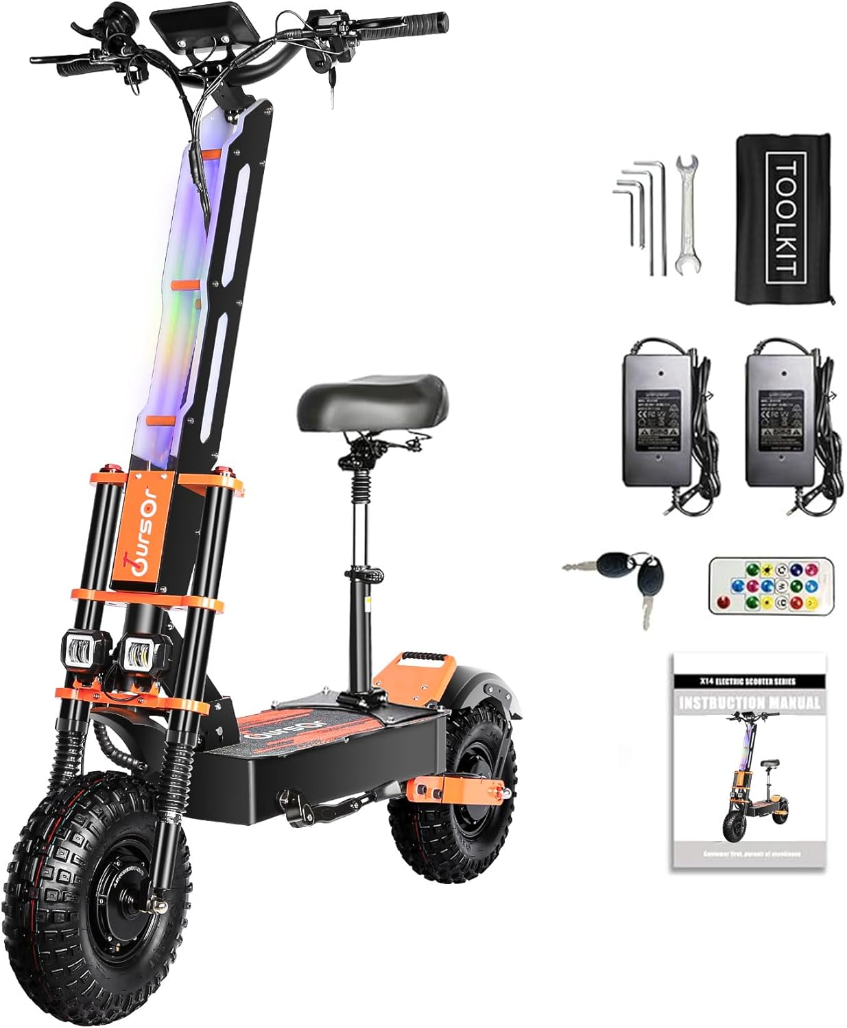 Adult Electric Scooter with Seat, 60V 8000W Dual Power, Orange Finger Hook Vertical Handlebar with LCD E Scooter, 340lb Capacity, 13