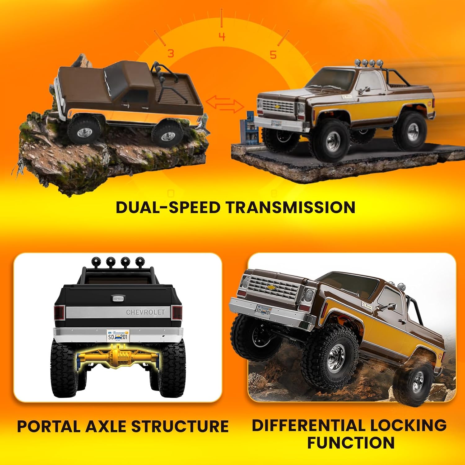 FCX10 FMS 1/10 K5 RC Crawler Chevy Blazer Officially Licensed, RC Pick Up Truck & SUV, Remote Control Car with Two-Speed Switch for Adults (Orange)