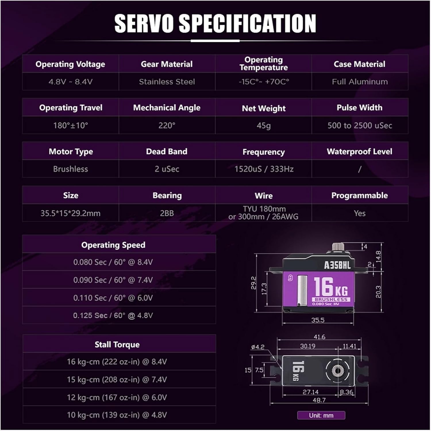 A35BHL Steel Gear 16KG Super Torque HV Programmable Brushless Motor Digital Servo Suitable for 1/12(A35BHL 16kg)