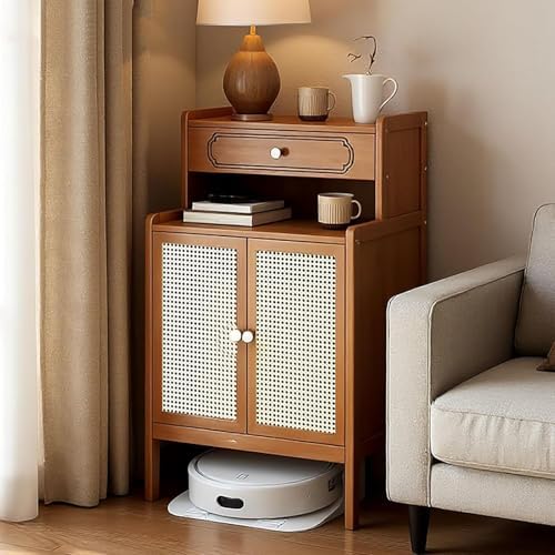 Modern Robot Vacuum Stand Cabinet, Stylish Side Table with Doors, Smart Hidden Storage Rack for Floor Sweeper, Contemporary Storage Solution (Brown)