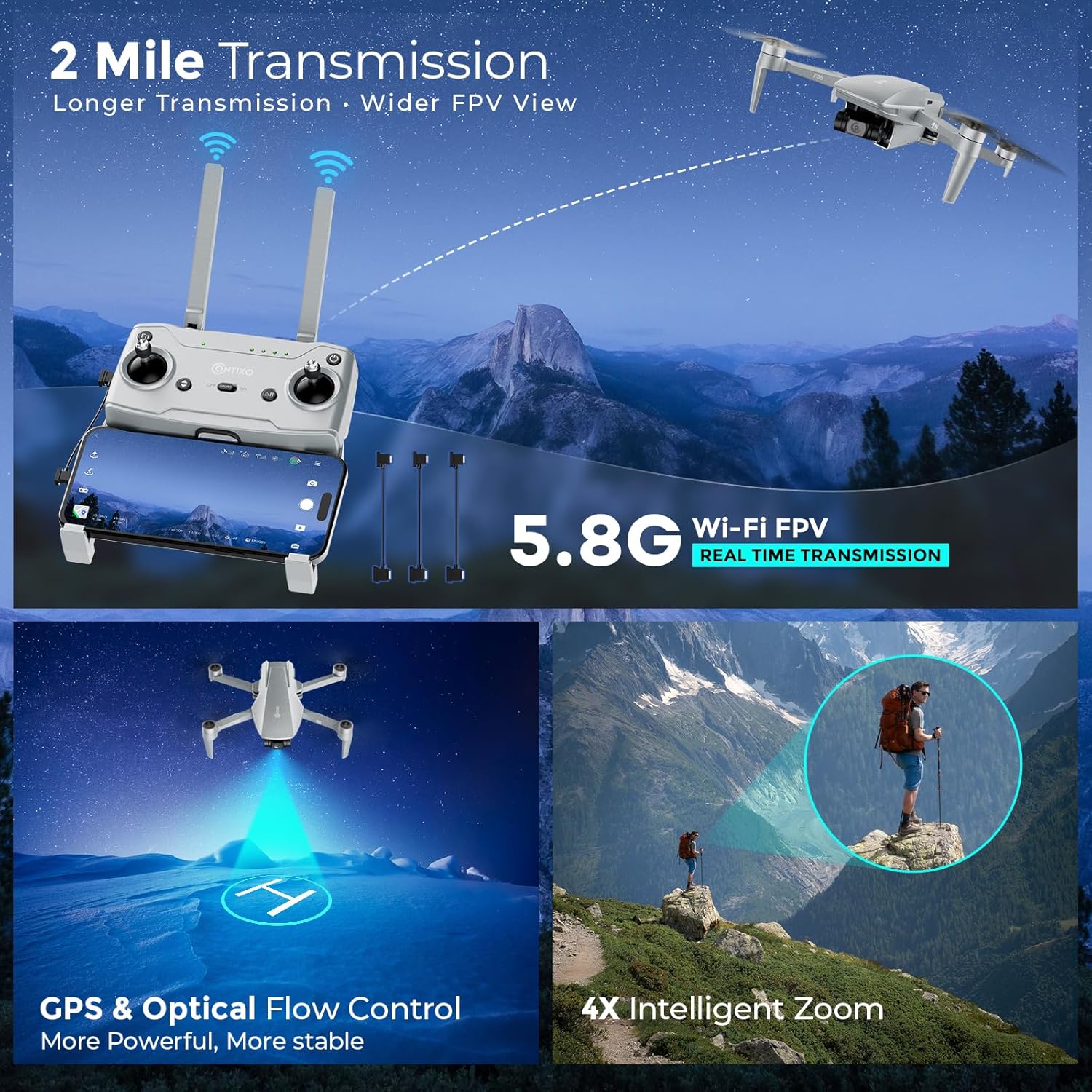Contixo F36 GPS Drone with 4K Camera, 3-Axis Gimbal Stabilizer, 2 Miles Long Range, 25 Min Flight, Optical Flow, Brushless Motors, Follow Me, One Key Return FPV Drones, No FAA Registration Needed
