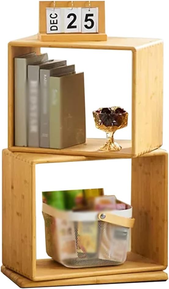 GIZNXBA 2-Tier Bamboo Bookshelf, Rotating Floor Standing Bookcase,Narrow Bookshelf for Small Spaces, Book Rack Book Storage Organizer Display Storage Rack for Office Home