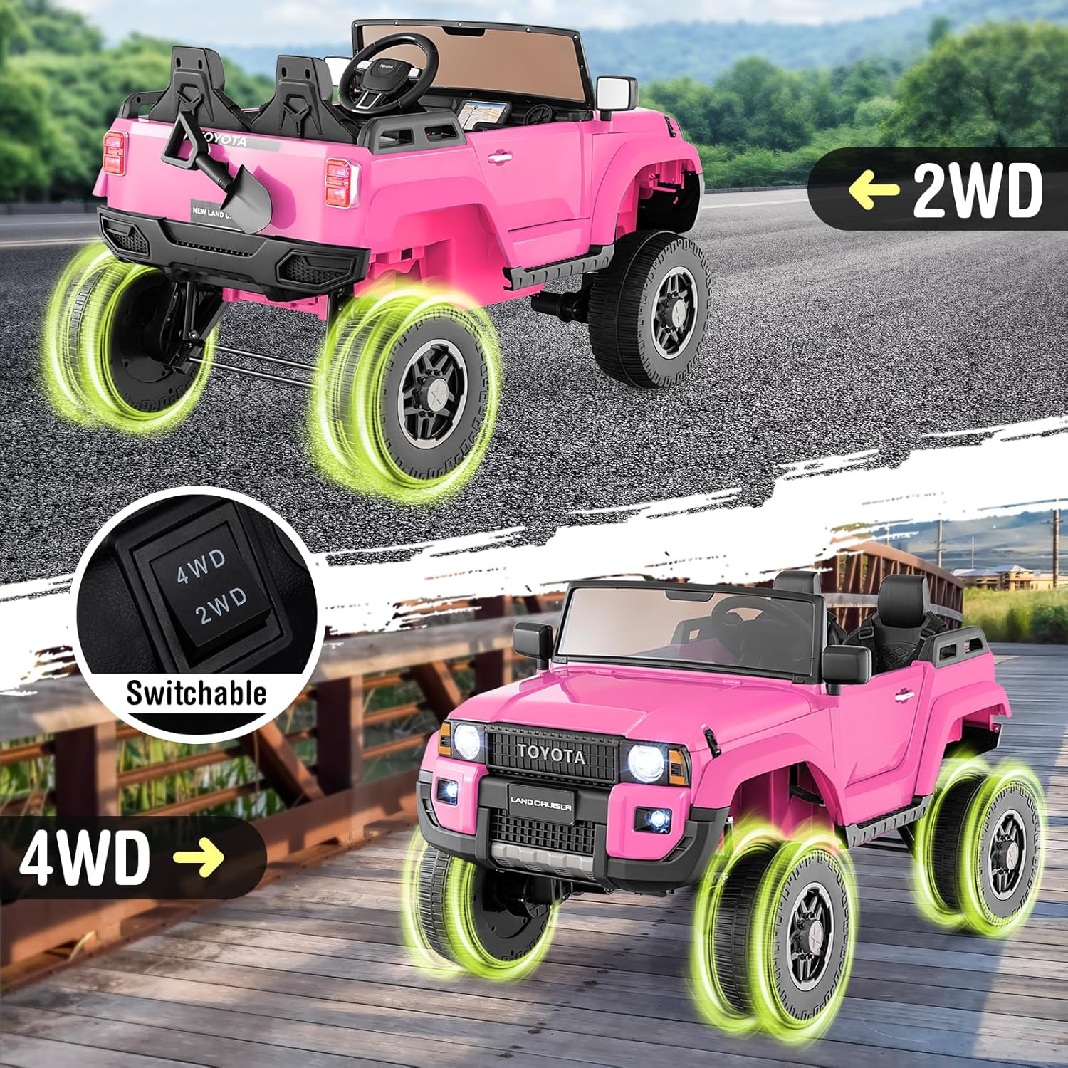 Costzon 24V 2 Seater Ride on Car for Kids, 4WD/2WD Switchable Licensed Toyota LC250 Ride on Truck w/Remote, Shovel, Music & Sounds, Electric Vehicle w/4-Wheel Spring Suspension for Ages 3+ (Pink)