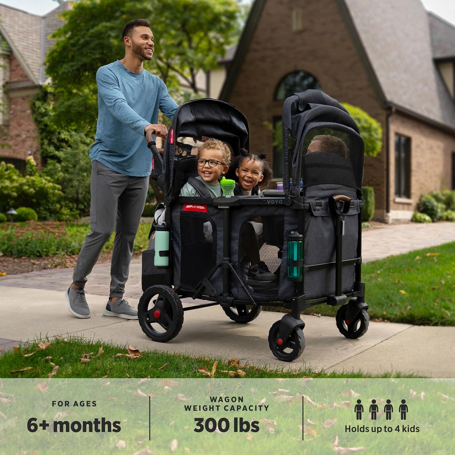 Radio Flyer Voya XT Quad Stroller Wagon, for Ages 6+ Months, Extra Tall Sides, Push or Pull, 4 Seats, Dual Sun Canopies, Compact Fold, Storage Space, 5-Point Harnesses, Stroller Wagon for Kids