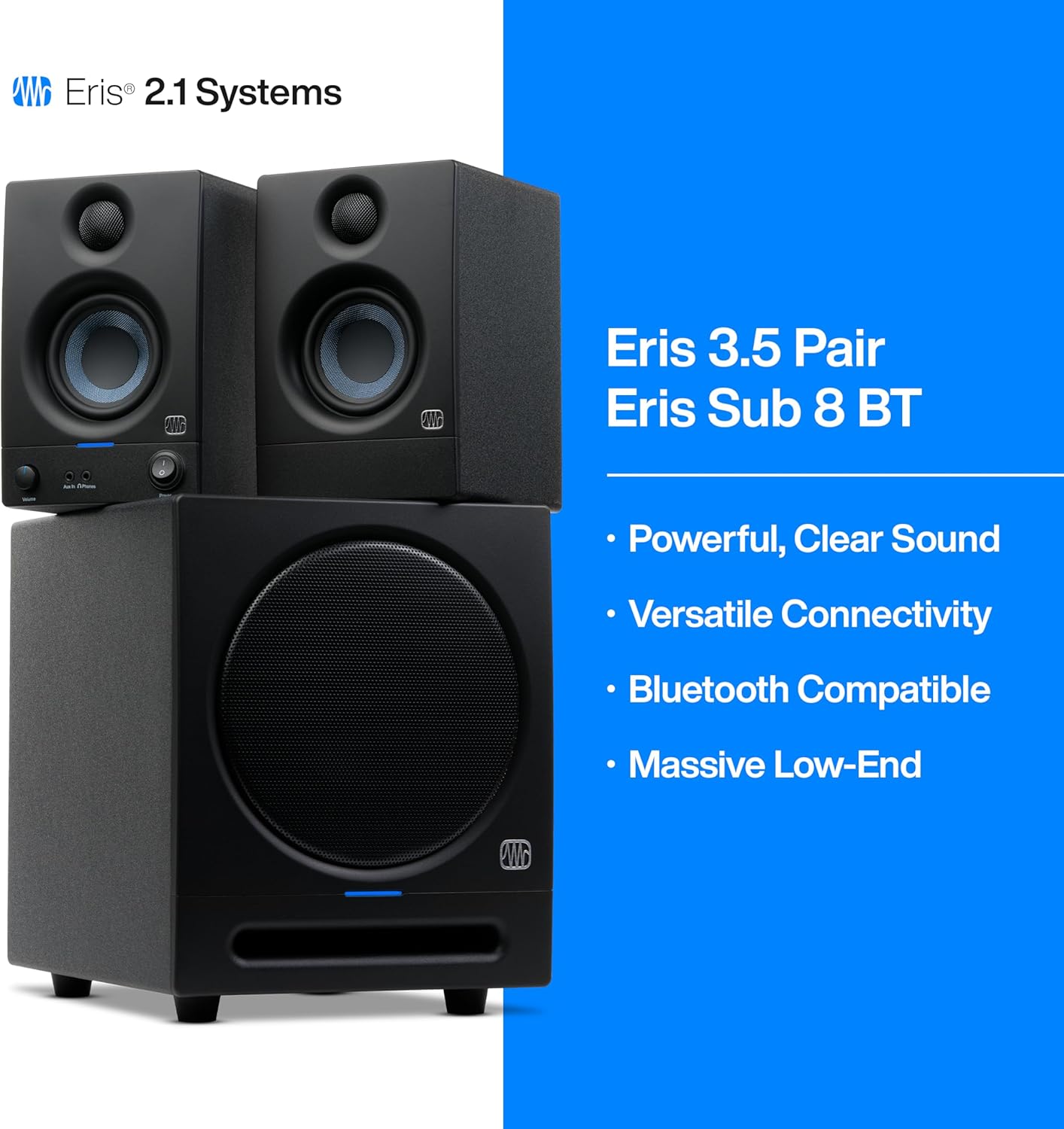 PreSonus Eris 2.1 Bluetooth Speaker System with Subwoofer — Eris 3.5 Studio Monitor Pair & Eris Sub 8BT for Near Field Music Production, Desktop Computer, Hi-Fi Home Audio