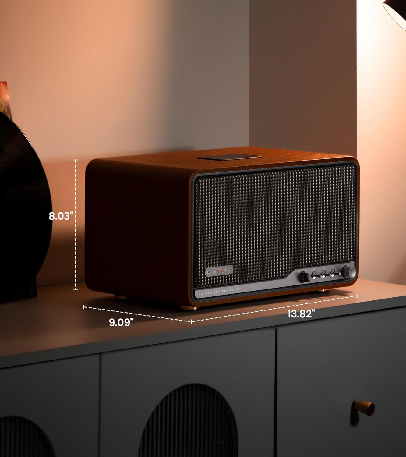 Edifier S300 Hi-Fi Tabletop Speaker, Hi-Res Audio LDAC for Wireless Multi-Room & Stereo Pairing, 80W Power Works with AirPlay 2 Bluetooth 5.4 USB-C AUX Inputs, Retro Design with Remote - Brown