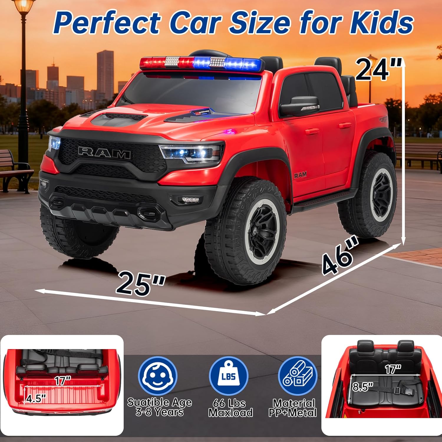 24V 4WD Ride On Truck for Kids Licensed RAM, Battery Powered Ride On Car with Remote Control, Electric Vehicle for Toddlers with LED Lights, Red