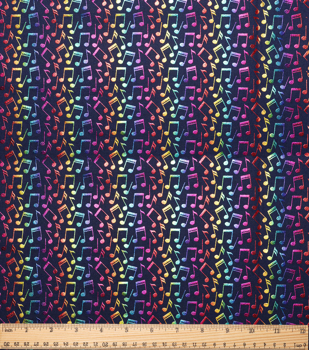 Bright Music Notes Novelty Foil Cotton Fabric
