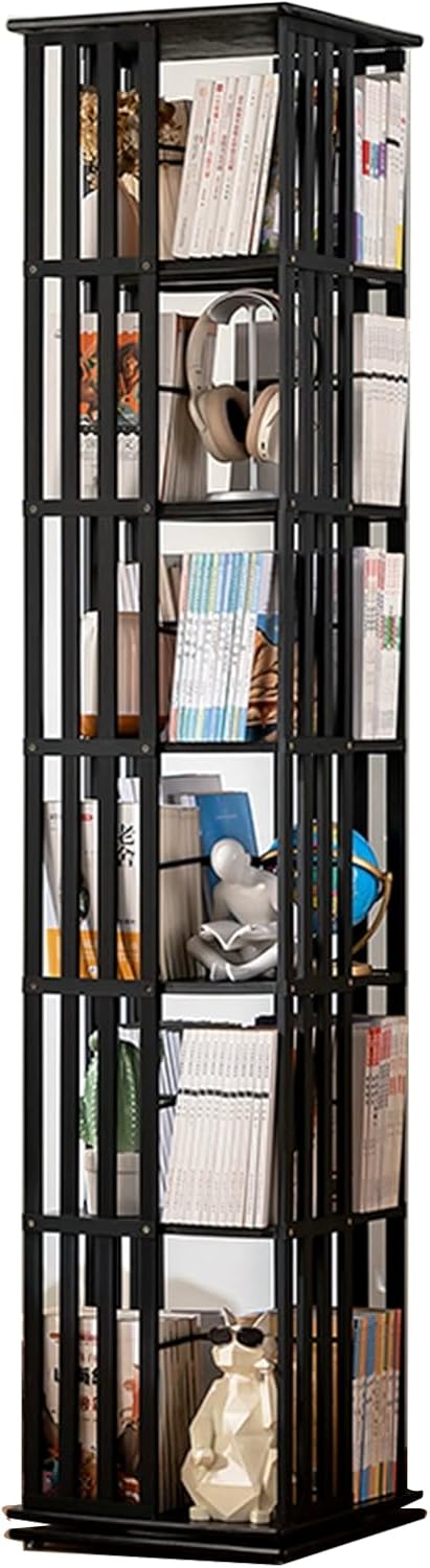 6 Tiers Rotating Bookshelf Tower, 360 Display Spinning Bookcase, Bamboo Bookshelf Floor Standing Storage Rack, Vertical Turning Corner Book Organizer for Kids&Adults (Black)