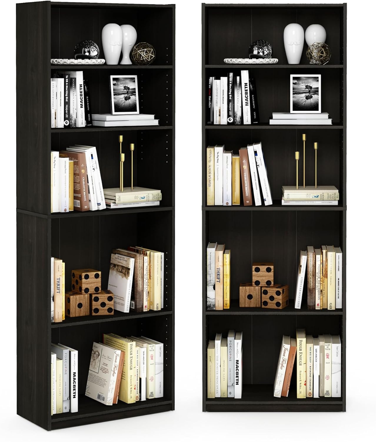 Furinno Jaya Book Shelf Set of 2, 5-Tier Bookshelf, Bookcase, with Adjustable Shelf, 9.5 x 24.5 x 71, for Home Office, Living Room, Espresso