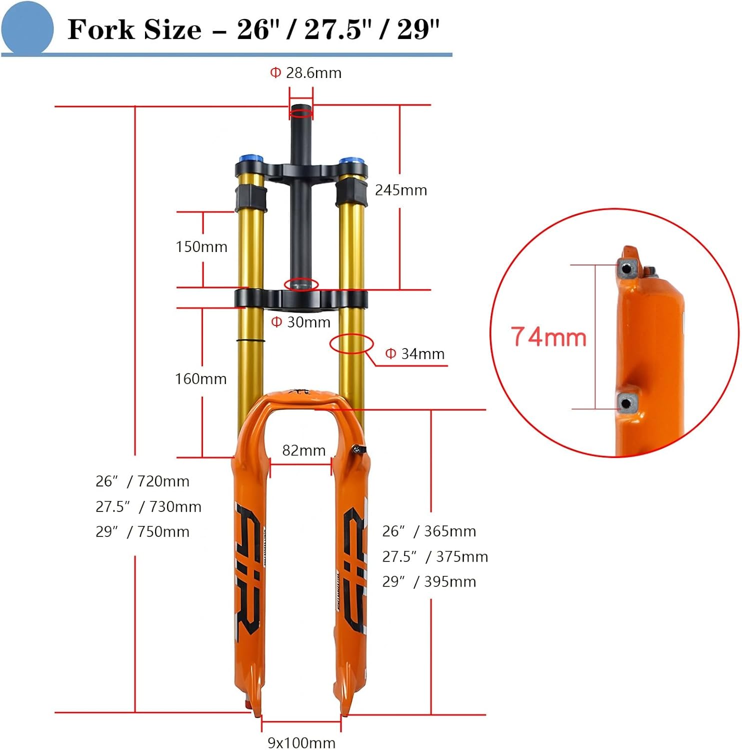 26 27.5 29 Inch DH Fork Travel 160mm, Mountain Bike Suspension Fork Double Shoulder with Damping Adjustment Downhill AM XC Air Fork - Orange