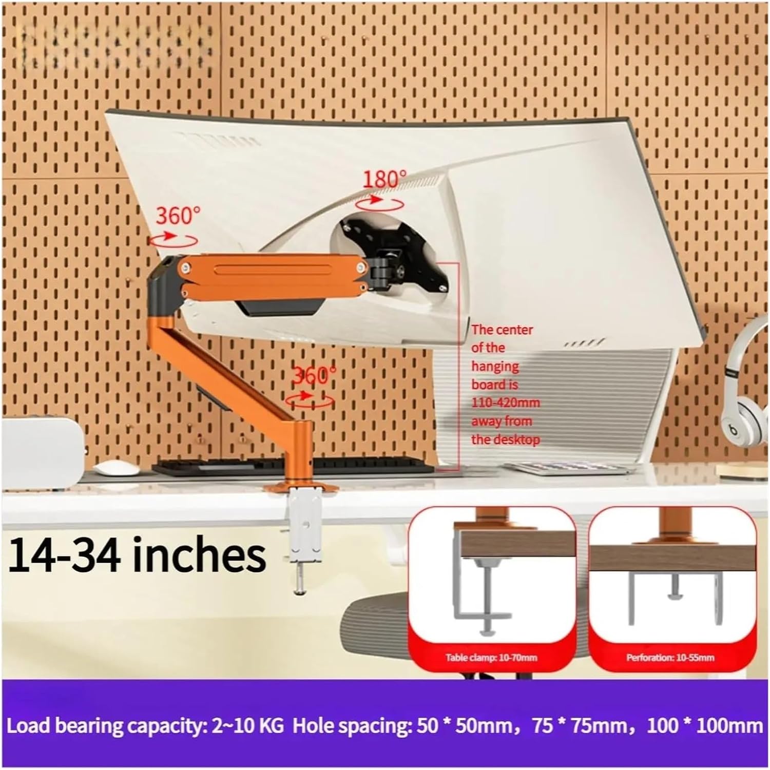Single monitor stand for 14-34 inches, 10 kg (19.8 lbs) weight capacity, adjustable ergonomic arm with gas spring for ergonomic height adjustment