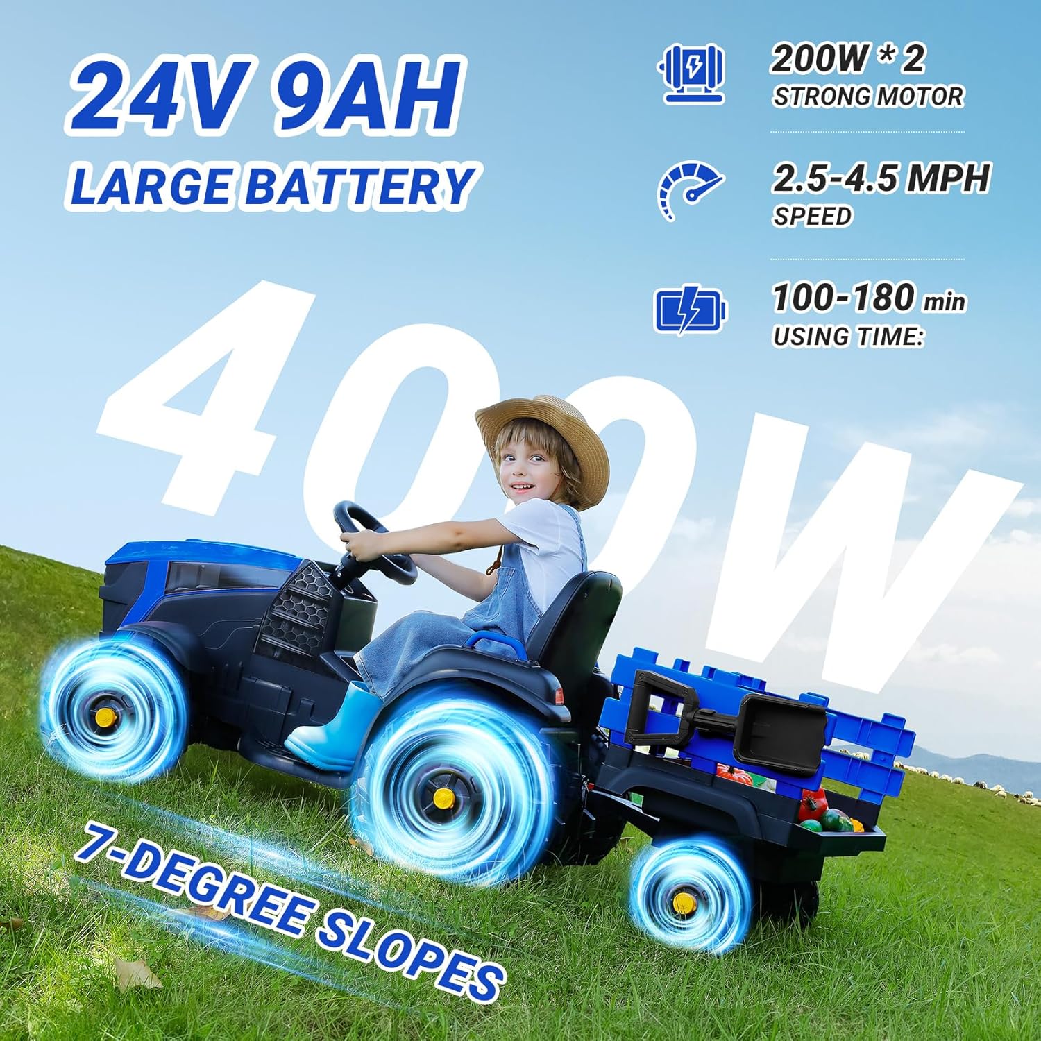 ELEMARA 24V 9AH Kids Ride on Tractor with Easy Detachable Trailer,Electric Vehicles Ride On Tractor Car for Big Kid,400W Ride on Toys with Shovel,All-Terrain Capability,for Ages 3+, Music, Navy