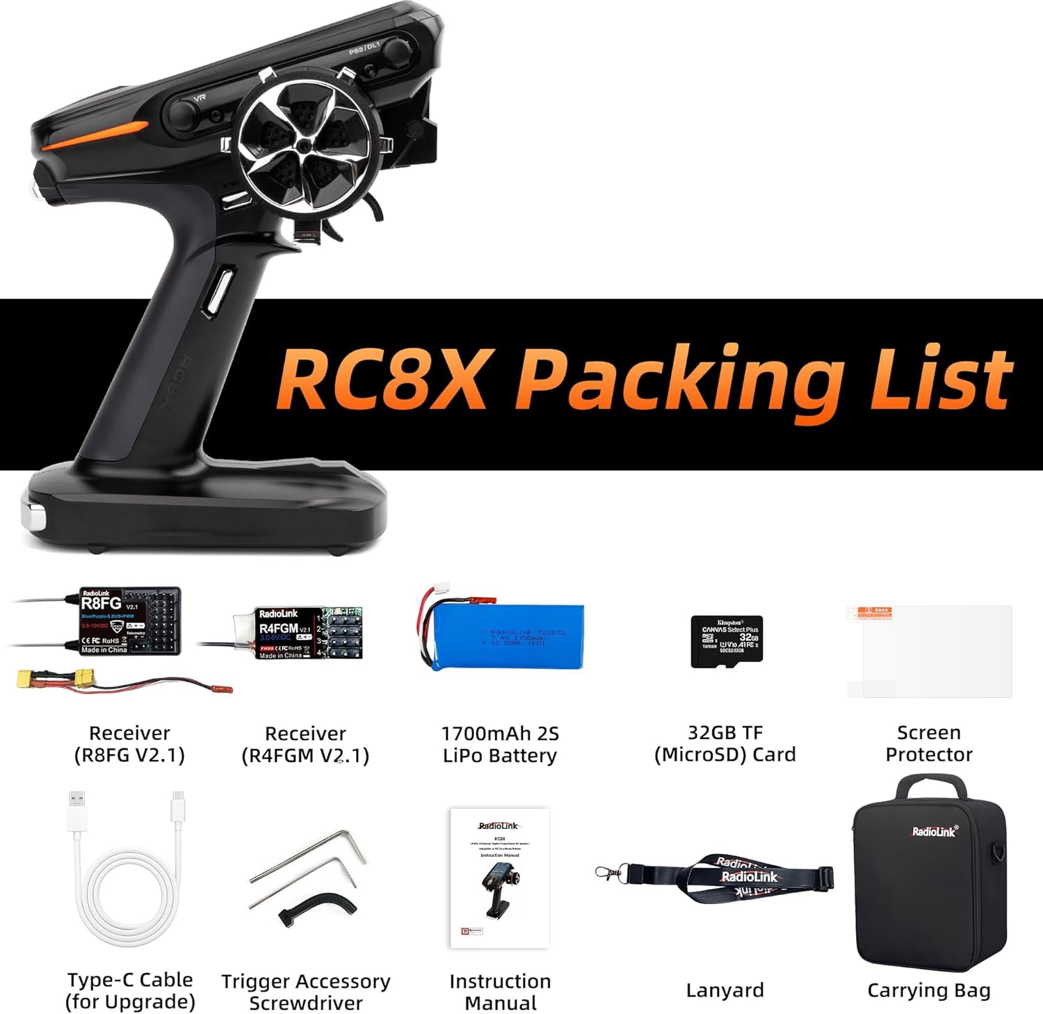 Radiolink RC8X 8CH 2.4G RC Transmitter and R8FG&R4FGM V2.2 Gyro Receivers, 4.3