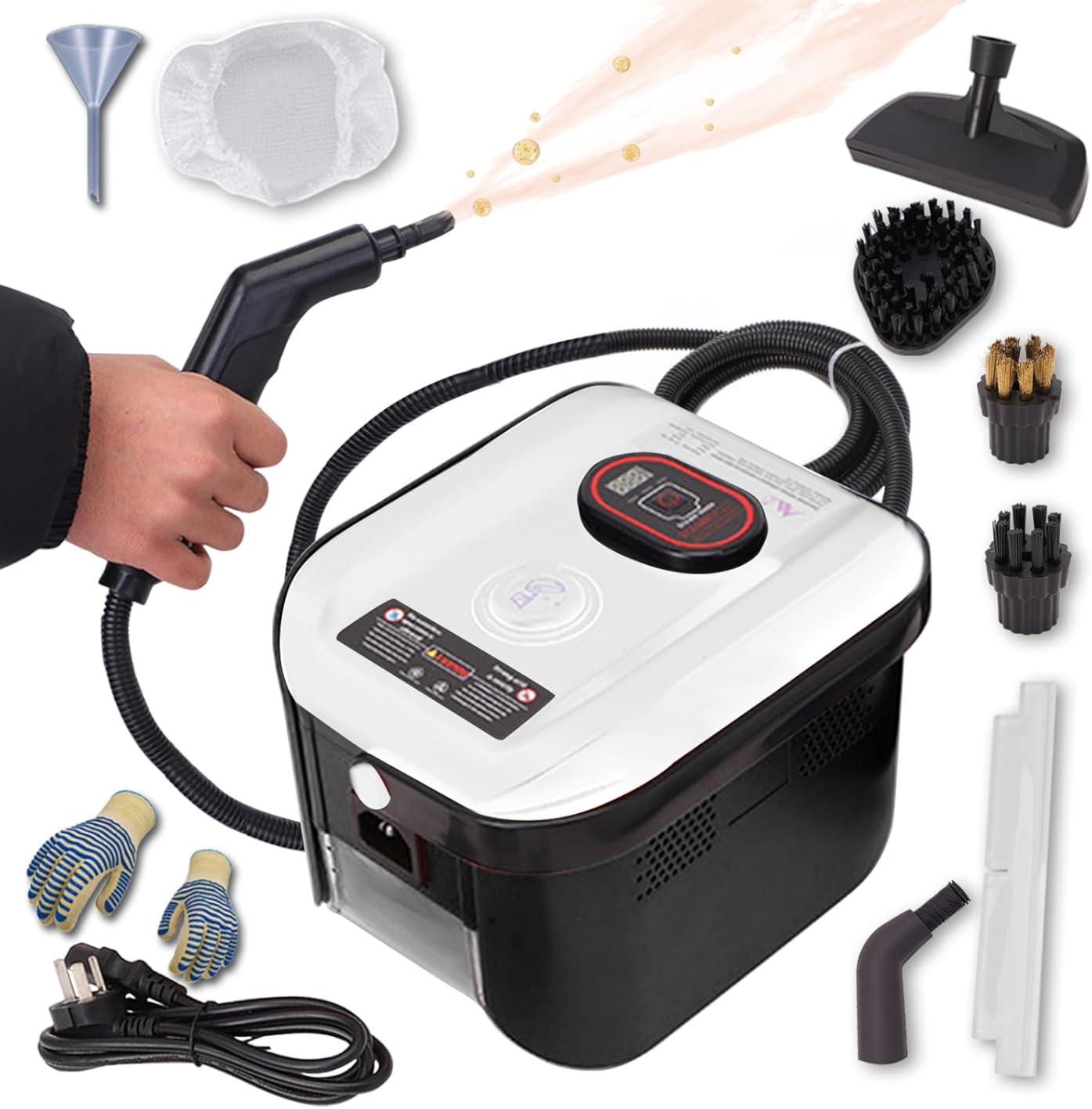 Steam Cleaner, 1500W Powerful Multipurpose Power Steamer, Heavy Duty Canister Steamer, 13s Heat-Up, 1.2L Tank, 3-Level Adjustable Handle with Accessories for Home, Car, Dirt (WhiteBlack)