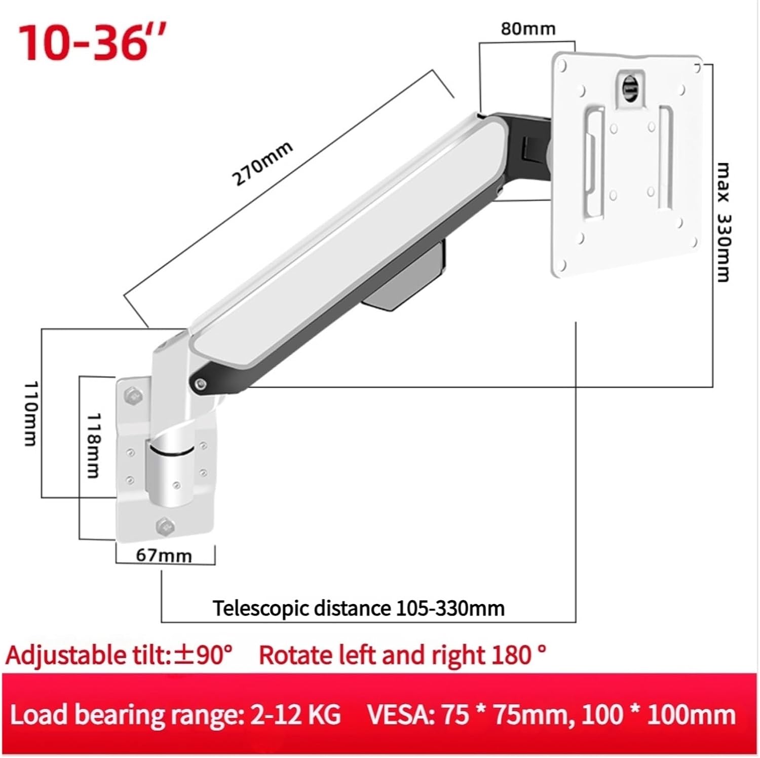 10-36 inch gas spring full-motion TV wall mount LCD LED monitor stand arm bracket load-bearing 12 kg 360° height adjustable monitor stand