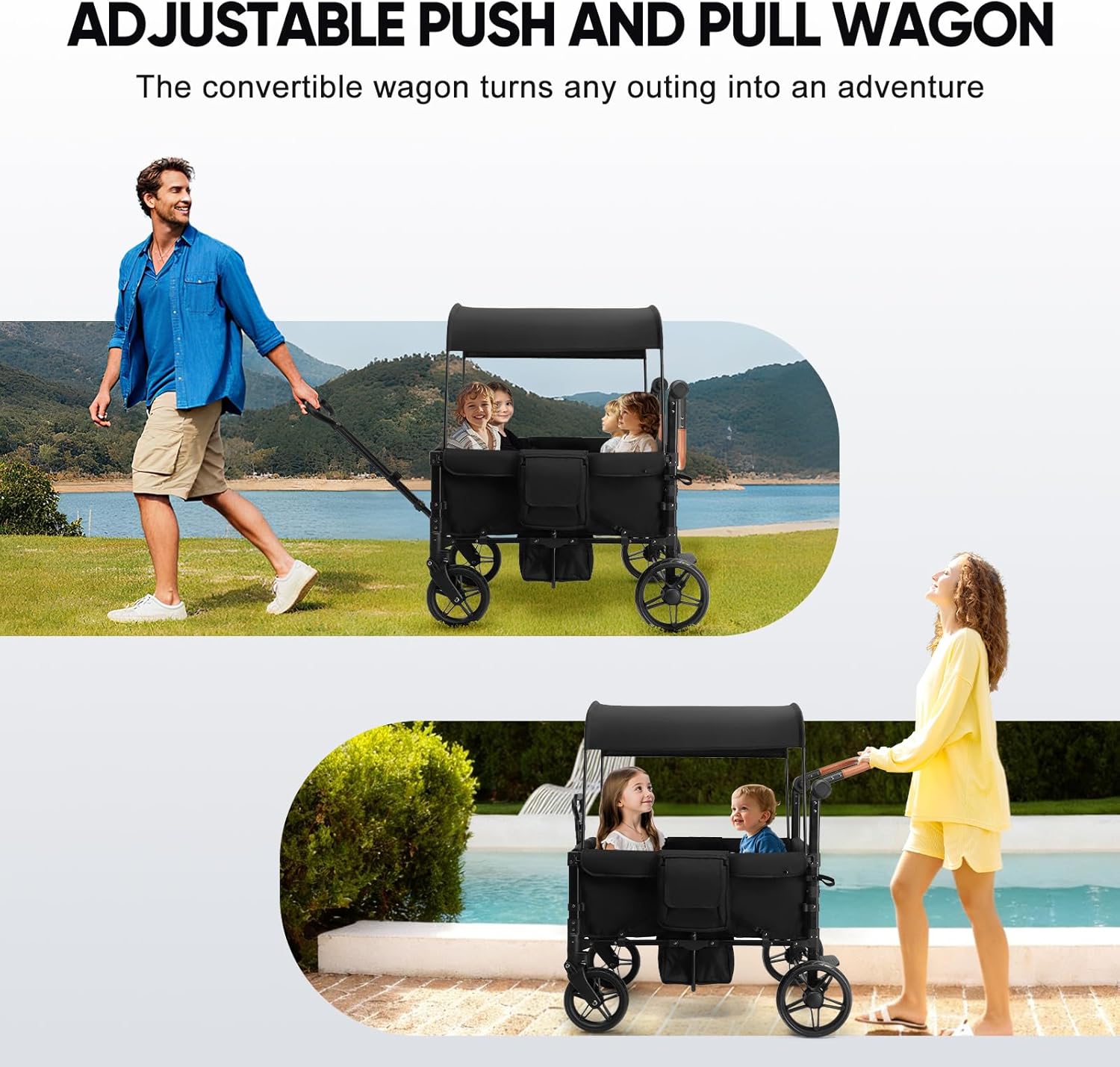 Stroller Wagon for 4 Kids, Foldable All Terrain Wagon for Kids, with Removable Canopy, Adjustable Push and Pull Handle, 5 Point Harnesses, Large Storage Bag (Black)