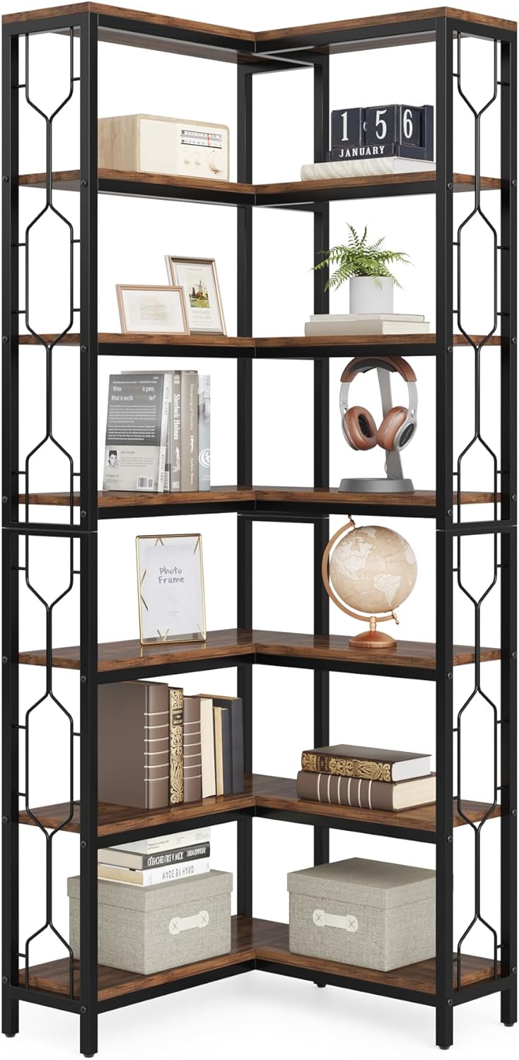 LITTLE TREE Bookshelf, 7-Tier Bookcase, Tall Book Shelf Modern Book Case for Books, Garage Kit, CDs, Movies, Industrial Corner Storage Organizer for Bedroom Home Office Kitchen Living Room, Brown