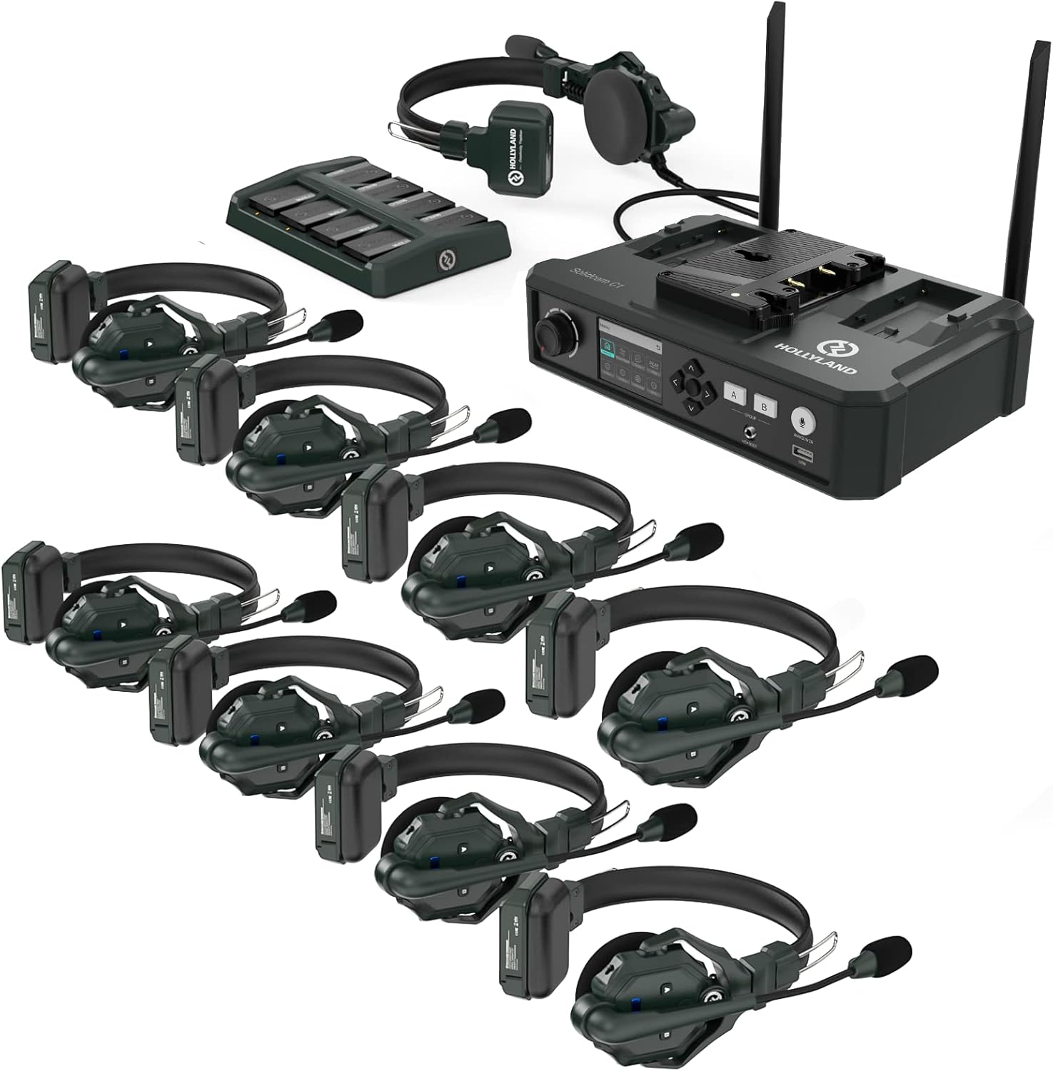 Hollyland Solidcom C1 9-Person Wireless Headset Intercom System with Base Station & 9 headsets, 1.9GHz Full-Duplex Team Communication with AB Grouping Cloud Meeting Announcement Expandable Connection