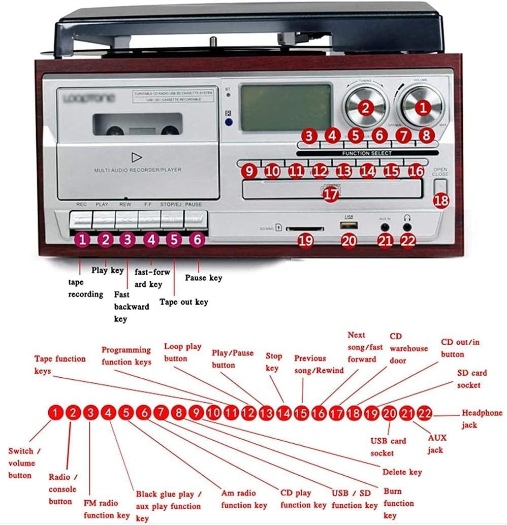 EHVYBDX Bluetooth Vinyl Record Player Turntable CD Cassette AM/FM Radio and Aux in with USB Port & SD EncodingRemote Control Built-in-Red Recorder