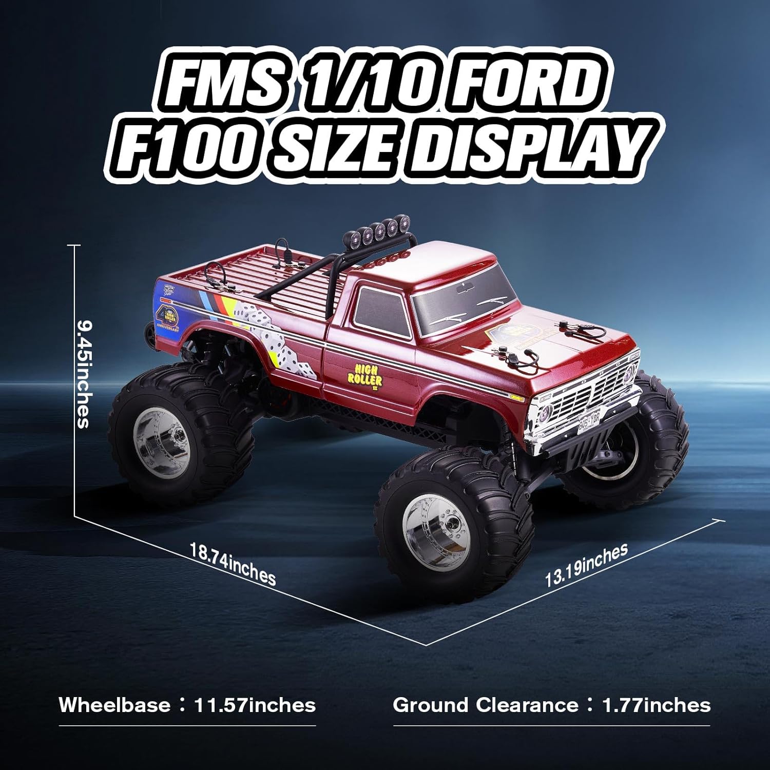 FMS 1/10 RC Truck Ford F100 – 2WD Monster Truck with Licensed Body, 550 Brushed Motor, Oil Shocks, Independent Suspension – All-Terrain RC Crawler, High Speed Off-Road RC Car for Gift（Red High Roller）