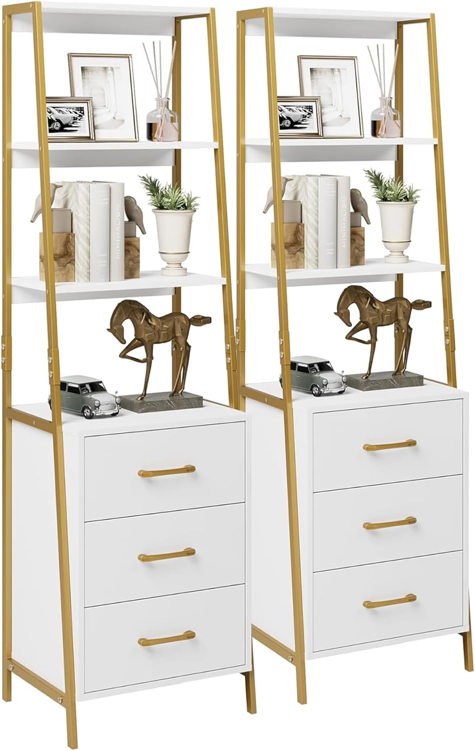 HITHOS 4-Tier Bookshelf, Tall Bookcase with 3 Wooden Drawers, Modern Ladder Book Shlef Storage Organizer for Living Room, Entryway, Office, White Gold, 2 PCS