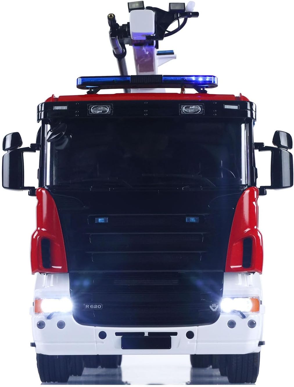 SC 8x4 1/14 Metal Chassis RC Snozzle High-Reach Extendable Turret Fire Truck Car Two-Speed Transmission Differential Lock Light Sound System Hobby Grade Model for Ages 14+