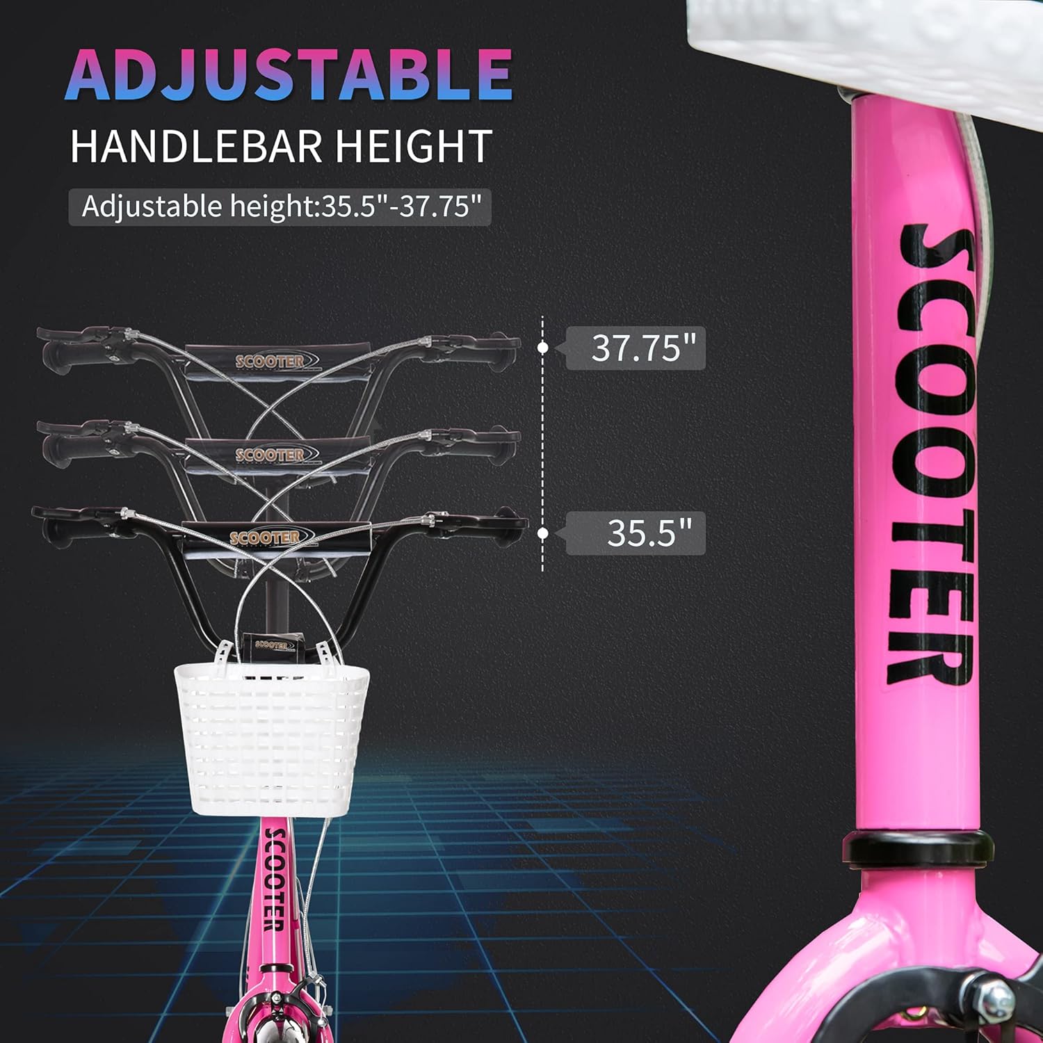 Adjustable Kick Scooter for Kids, Toddler Scooter with Basket and Cupholder, Pink Scooter with 16