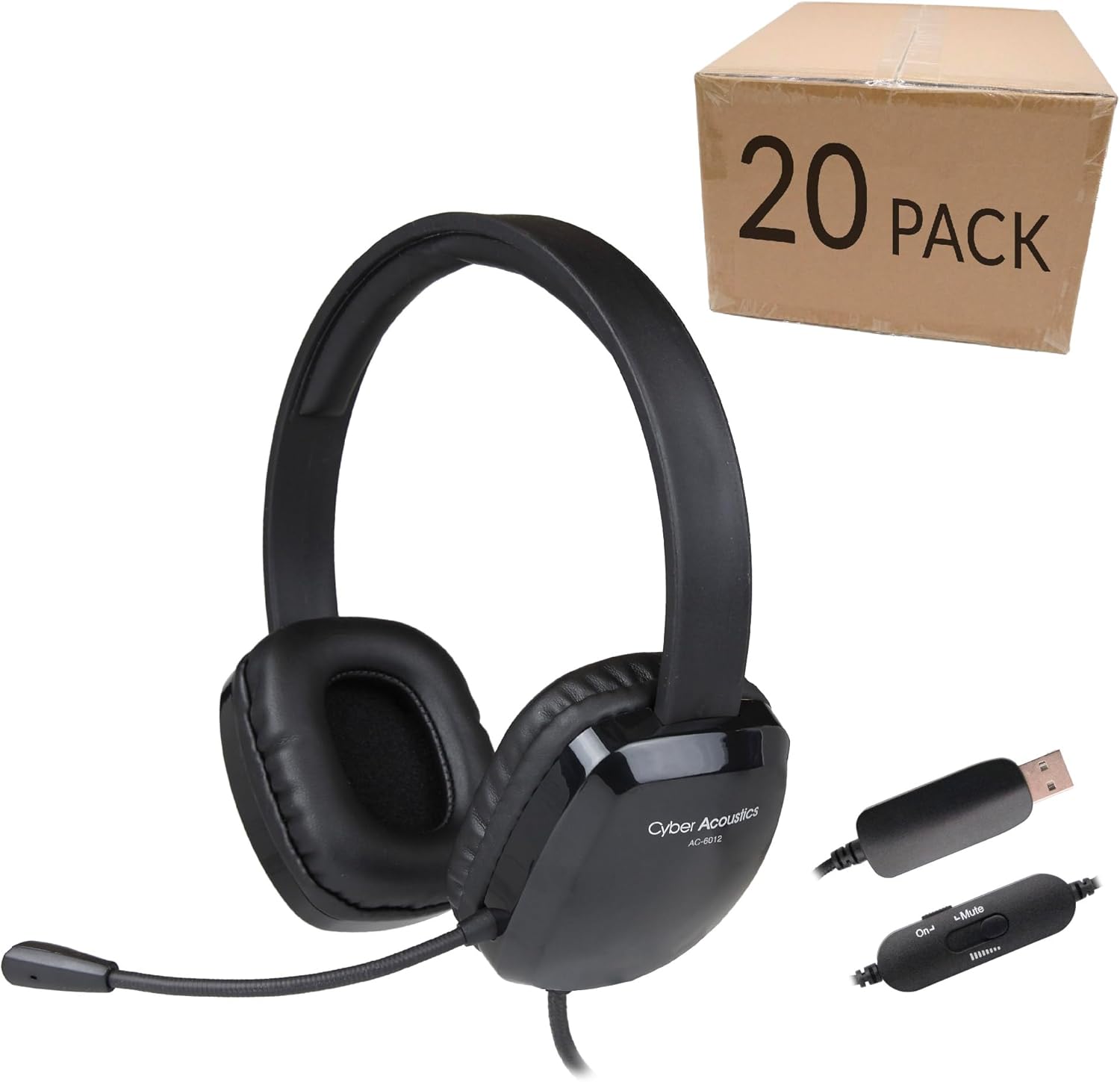 Cyber Acoustics Stereo USB Headset (AC-6012-20), Unidirectional Microphone with Flexible Boom for PC & Mac; in-line Audio Controls; Perfect for Classroom or Home - 20 Pack