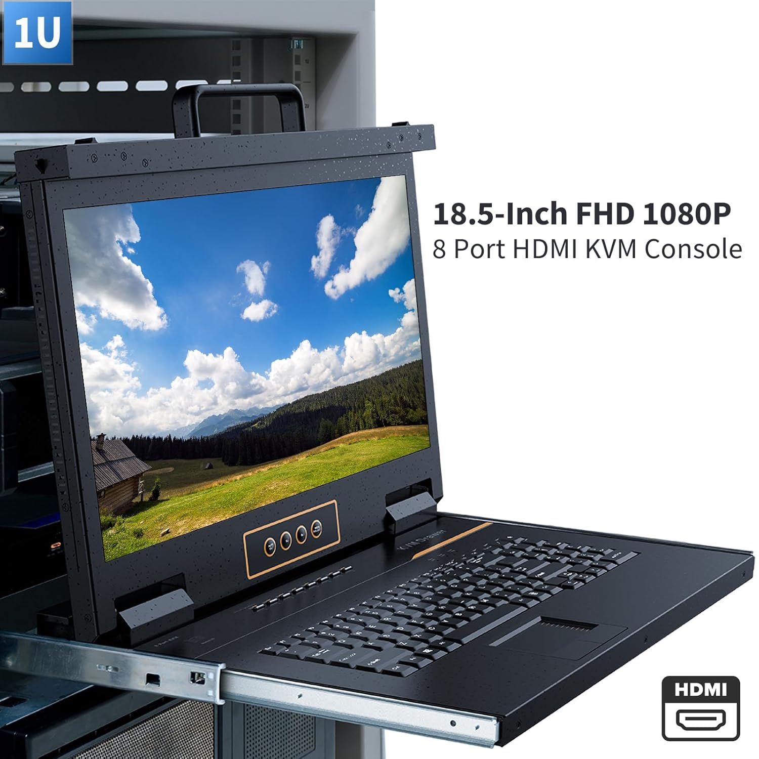 8 Port HDMI Rack Mount KVM Console 18.5-Inch 1080P with Cables, 1U Height LCD KVM Switch, Rackmount Monitor and Keyboard Mouse, OSD/Hotkey/Button Switching, 16:9 Aspect Ratio, Mount Depth 27