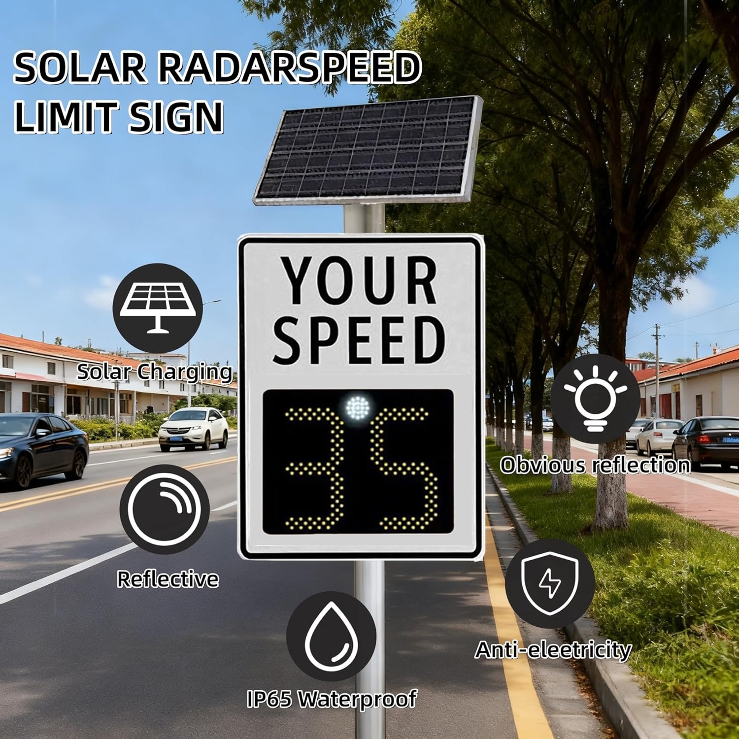 Solar LED Speed Display Sign - Flashing Speed Limit Indicator for Neighborhoods & Roads - Solar-Powered Feedback Sign for Enhanced Safety & Traffic Control