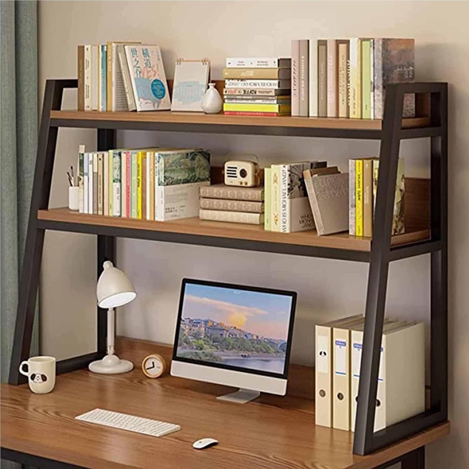 Desktop Hutch Shelf - Adjustable Desk Bookshelf, 2 Tier Trapezoidal Desktop Bookshelf, Solid Wood Computer Desk Bookcase, Open Desktop Storage Shelf Display Racks, for Home Office Decor(75X32X90cm)