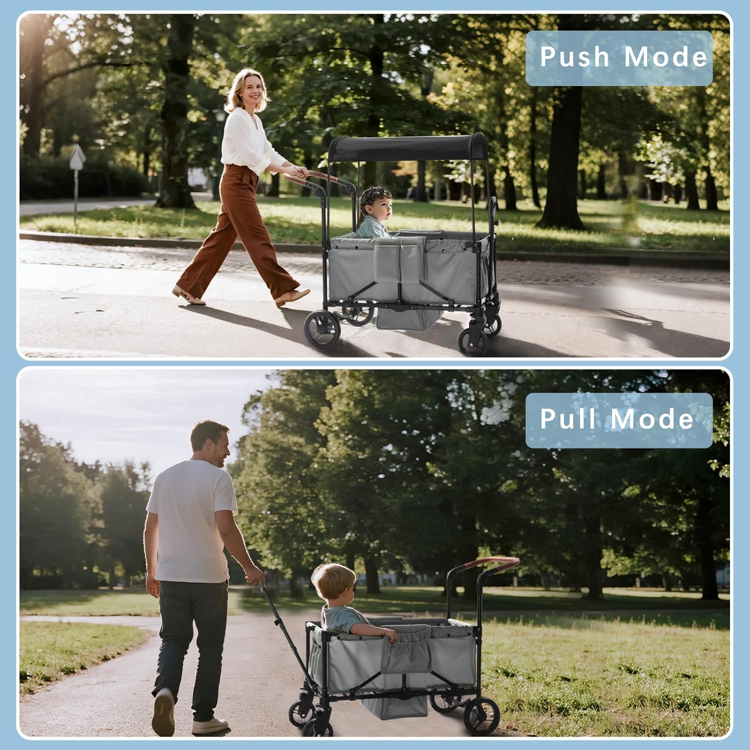 Stroller Wagon for 4 Kids with Footwell, Foldable All-Terrain Wagon Stroller with Adjustable Push/Pull Handle, Parent Organizer, 5-Point Harness, Ideal for Outdoor Adventures (Gray)