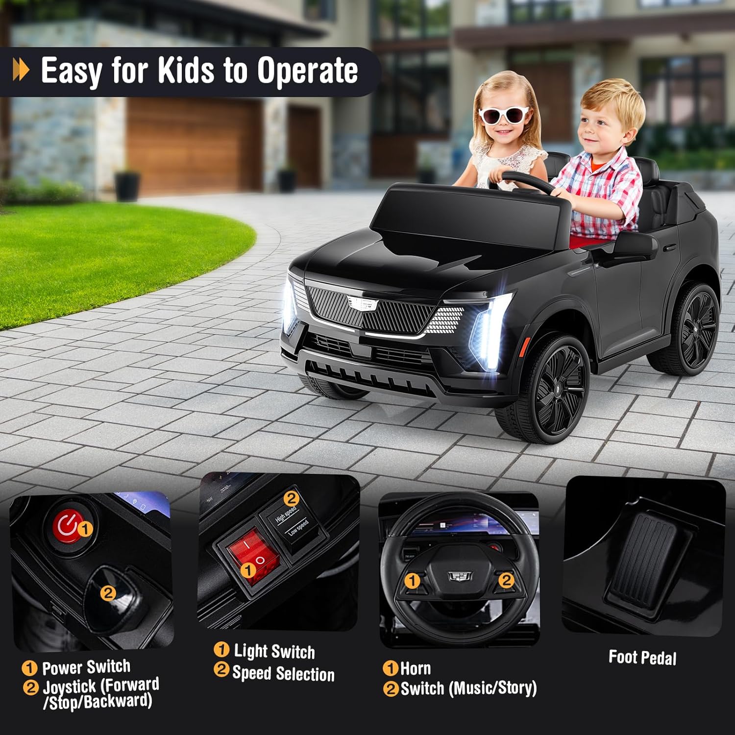 Costzon 2 Seater Ride on Truck, 24V Licensed Cadillac Kids Car Electric Vehicles w/Remote Control, 3 Speeds, LED Lights, Horn, Music, Story & 4-Wheeler Suspension, Ride on Car Toy for Aged 3+(Black)