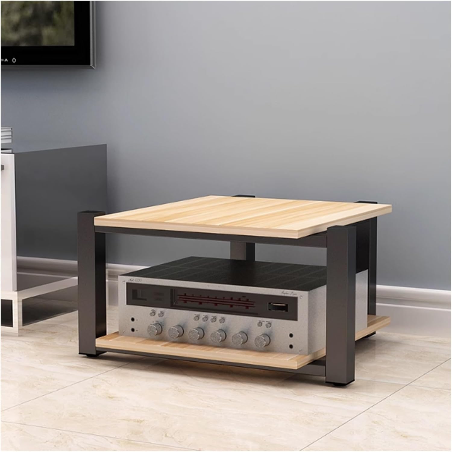 Audio-Video Shelving Stereo Rack AV Media Stand with Open Storage Wooden CD Rack & Stereo Component Organizer for Recording Room Solid Construction(Natural