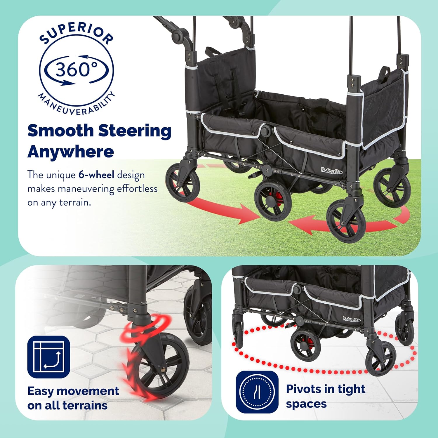 Kolcraft Cloud 360 Lightweight Double Baby Stroller Wagon for Two Kids Toddlers, Ultra Maneuverable Collapsible Cart with Deep Footwell, Storage Pockets Adjustable Handle Easy in and Out