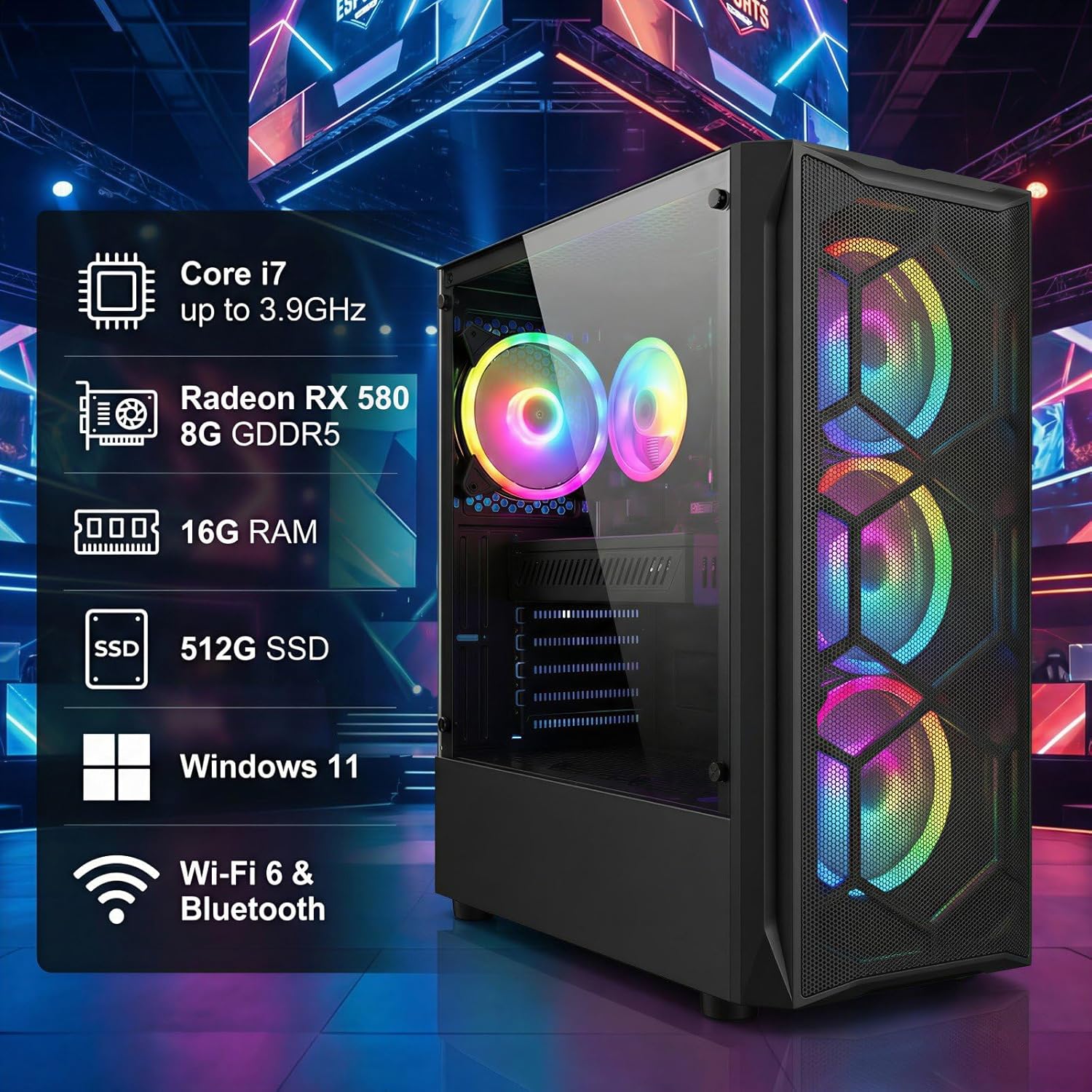 STGAubron Gaming PC Desktop Computer, Intel Core i7 up to 3.9GHz, Radeon RX 580 8G, 16G RAM, 512G SSD, WiFi 6, BT 5.0, RGB Fan x4, Windows 11 Home