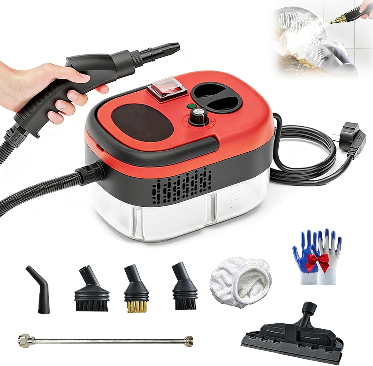 Limpiador A Vapor Para Casa, 105°C/221°F High-Temperature Pressurized Handheld Steam Cleaner And Mop, 2500 W 6-Level Adjustable High Pressure Steam Cleaner For Home Car,15s Heat-Up (Red)