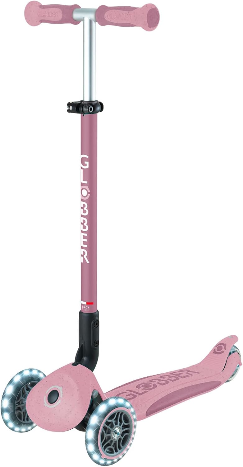 Globber - GO•UP Deluxe Lights ECO 360-3-Wheel Scooter with 360° Rotatable Seat, Footrest, LED and Durable Materials, 15 Months to 6 Years - Berry Pink