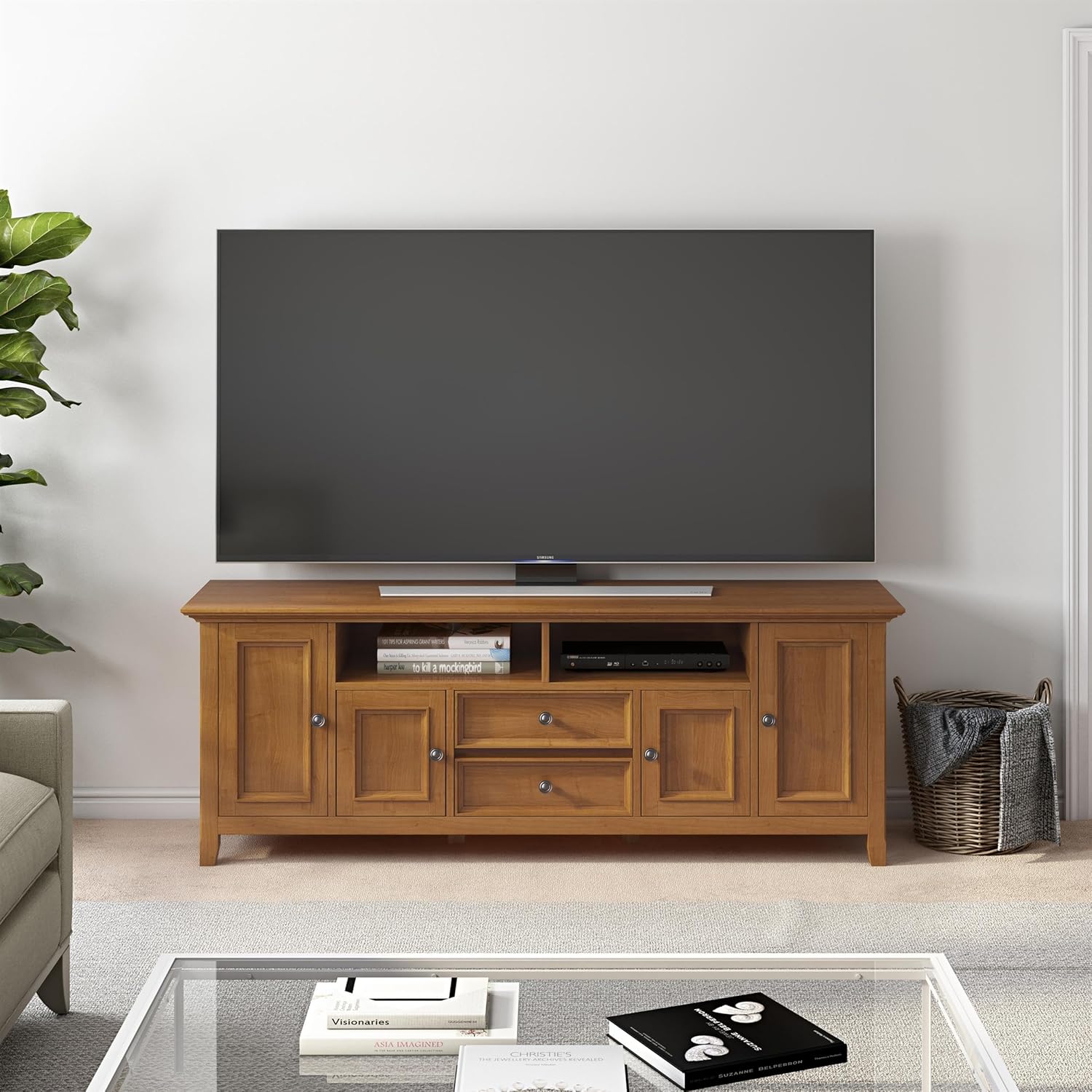 SIMPLIHOME Amherst TV Stand - 72 inch Wide Solid Wood Media Console in Light Golden Brown