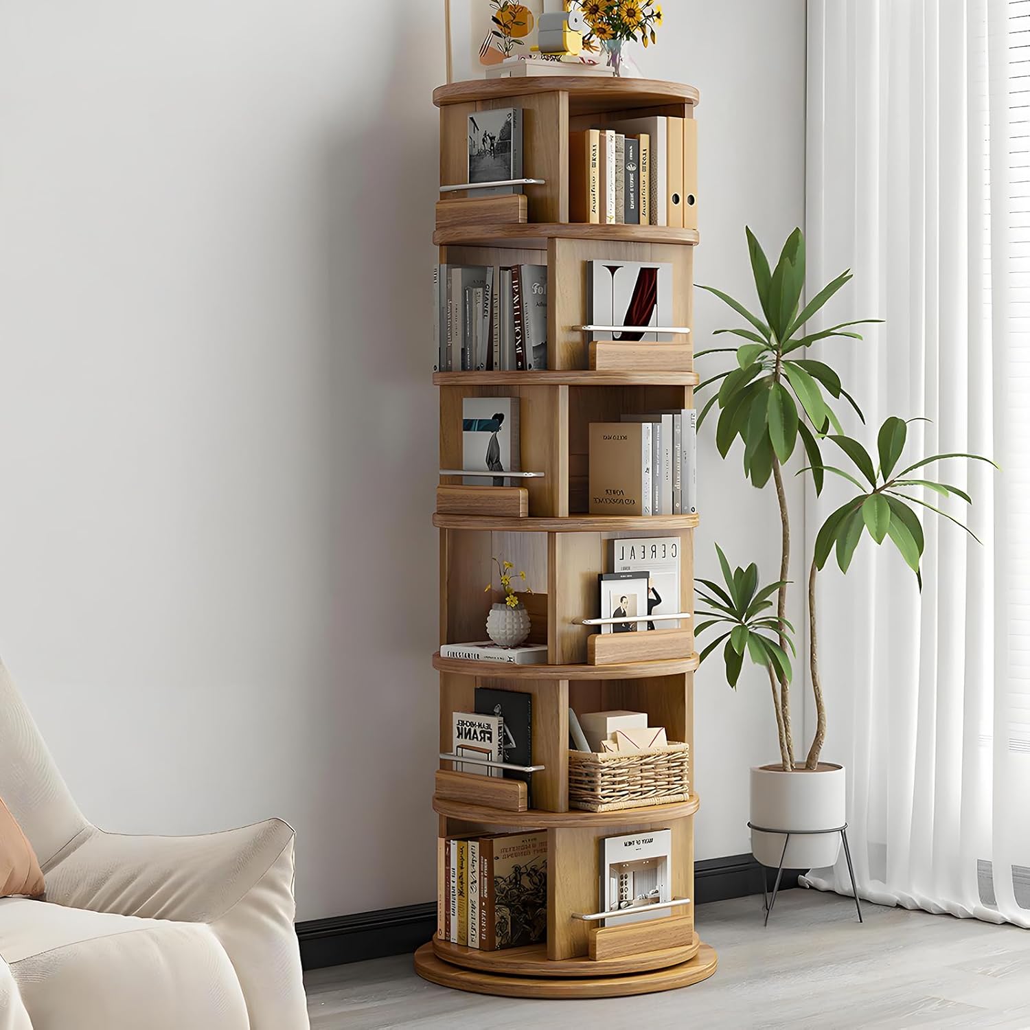 Enchantia 360° Rotating Bookshelf Tower, 6-Tier Stackable Corner Spinning Bookshelf, Large Capacity Narrow Bookcase for Bedroom Living Room Study Room Display Stands, Walnut
