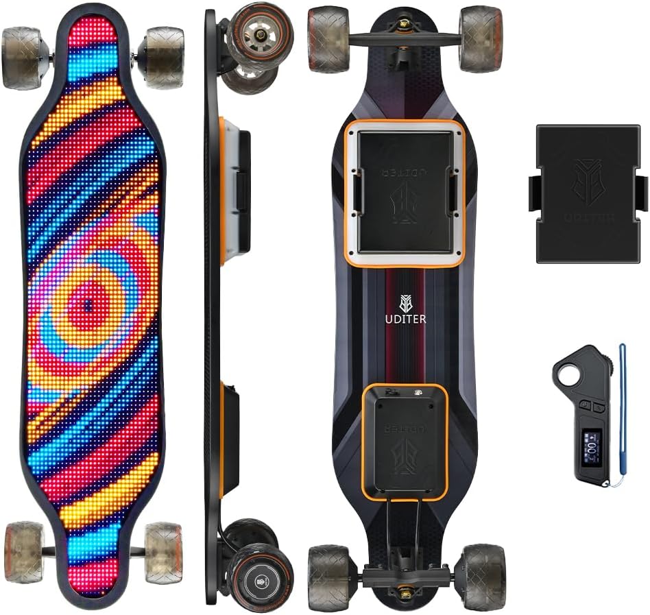 Electric Skateboard with Remote, Max 600W×2 Hub-Motors, Swappable Battery, Up to 28 MPH, 12–25 Miles Range, 4 Speed Modes, Electric Longboard for Adults & Beginners (Flamo / S3 / Pixel Series)