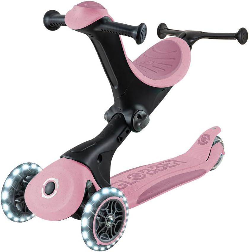 Globber - GO•UP Deluxe Lights ECO 360-3-Wheel Scooter with 360° Rotatable Seat, Footrest, LED and Durable Materials, 15 Months to 6 Years - Berry Pink