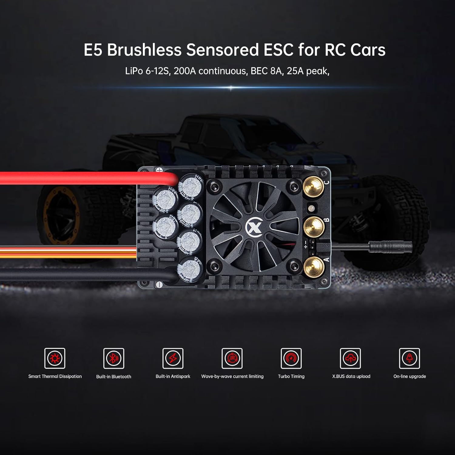 XC E5 Sensored Brushless ESC for RC Car, 6-12S Lipo,200A Continuous Current,8-25A、6.0/7.4/8.4V BEC,Applicable to 1/5、1/6,Support Turbo Timing and APP Control