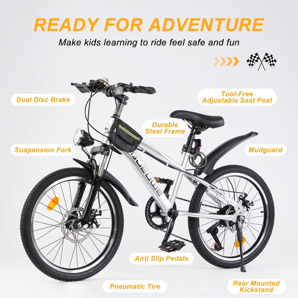 20 24 Inch Kids Mountain Bike, Children Bicycles for Boys and Girls Ages 6-12, 7 Speed Teenager Bikes with Disc Brakes, Adjustable Handlebars and Seat, Kickstand,Silver,24 Inch