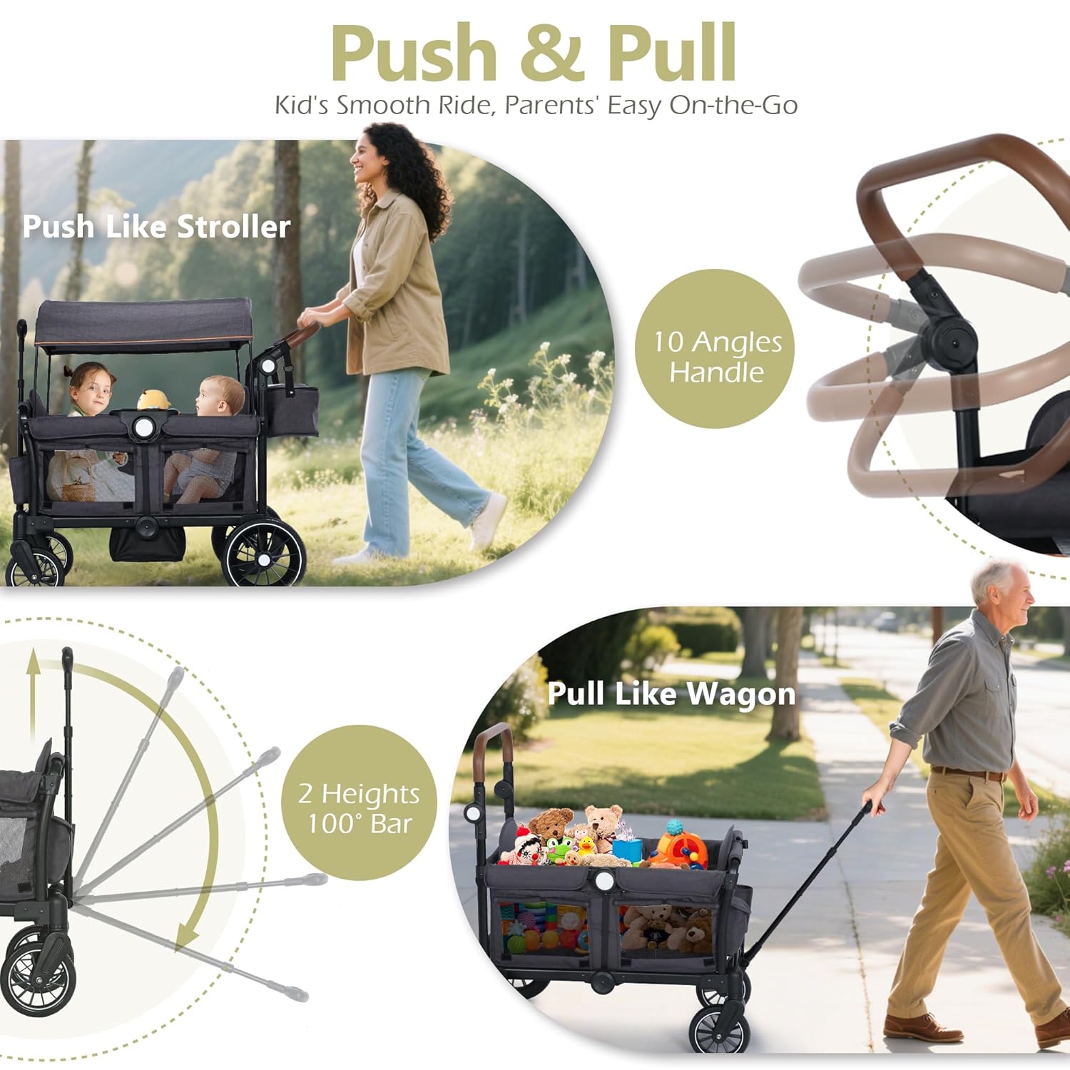 Kinder King Stroller Wagon for 2 Kids, Foldable All-Terrain Outdoor Toddler Kids Wagon Stroller 2 Seater, Removable Canopy, Adjustable Push/Pull Bar, Detachable Tray, Parent Organizer,Grey