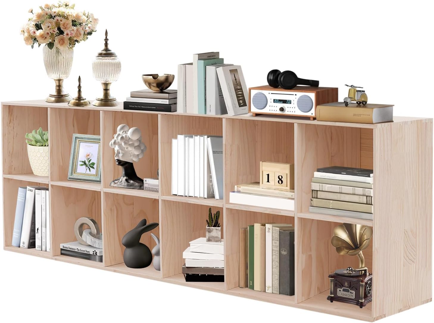 12-Cube Storage Shelf Bookcase, Oak Bookshelf Wood Bookcase with 2 Tier Open Shelves, Horizontal Bookcases with Protective Covers Floor Standing Open Bookshelf for Home and Office, Display Cabinet