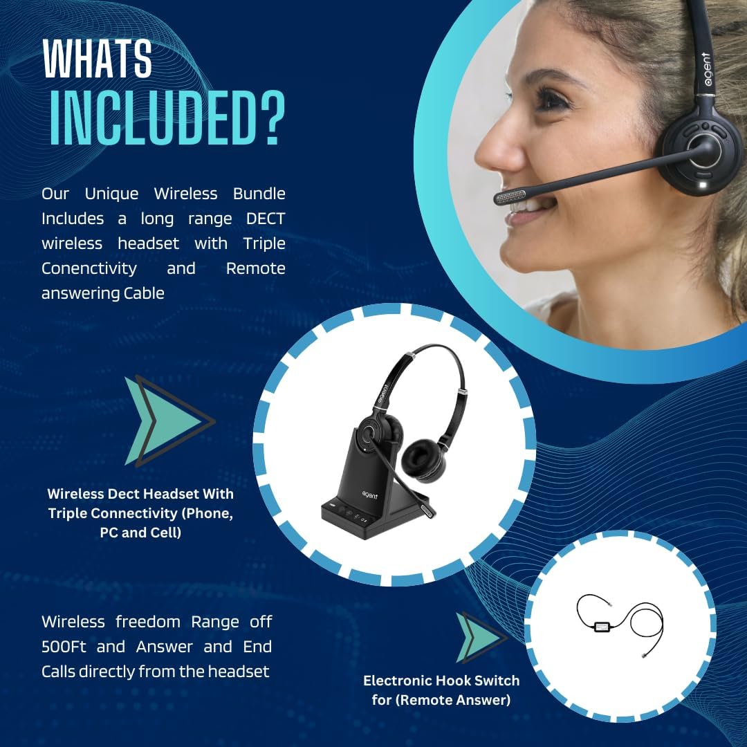 TruVoice AW80 DECT 3-in1 Wireless NC Headset with EHS for Remote Answer - Compatible with Cisco Phones 6945 7821 7841 7861 7942G 7945G 7962G 7965G 7975G 8841 8851 8861 and Computer and Cell Phones