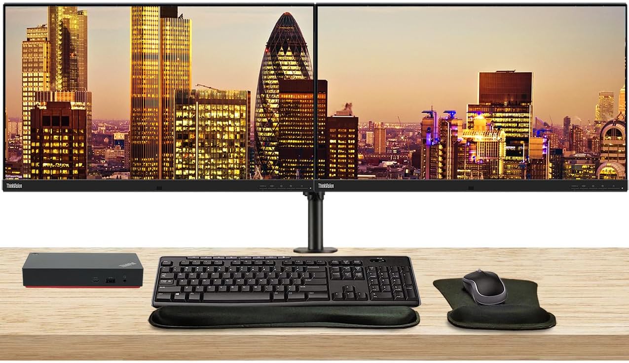 Lenovo ThinkVision P27u 3840 x 2160 LED UHD 4K LCD, 2-Pack Bundle with HDMI, DisplayPort, Daisy Chain, USB-C, USB Hub, Speakers, Dual Monitor Stand, MK270 Wireless Keyboard & Mouse, Mouse & Wrist Pad