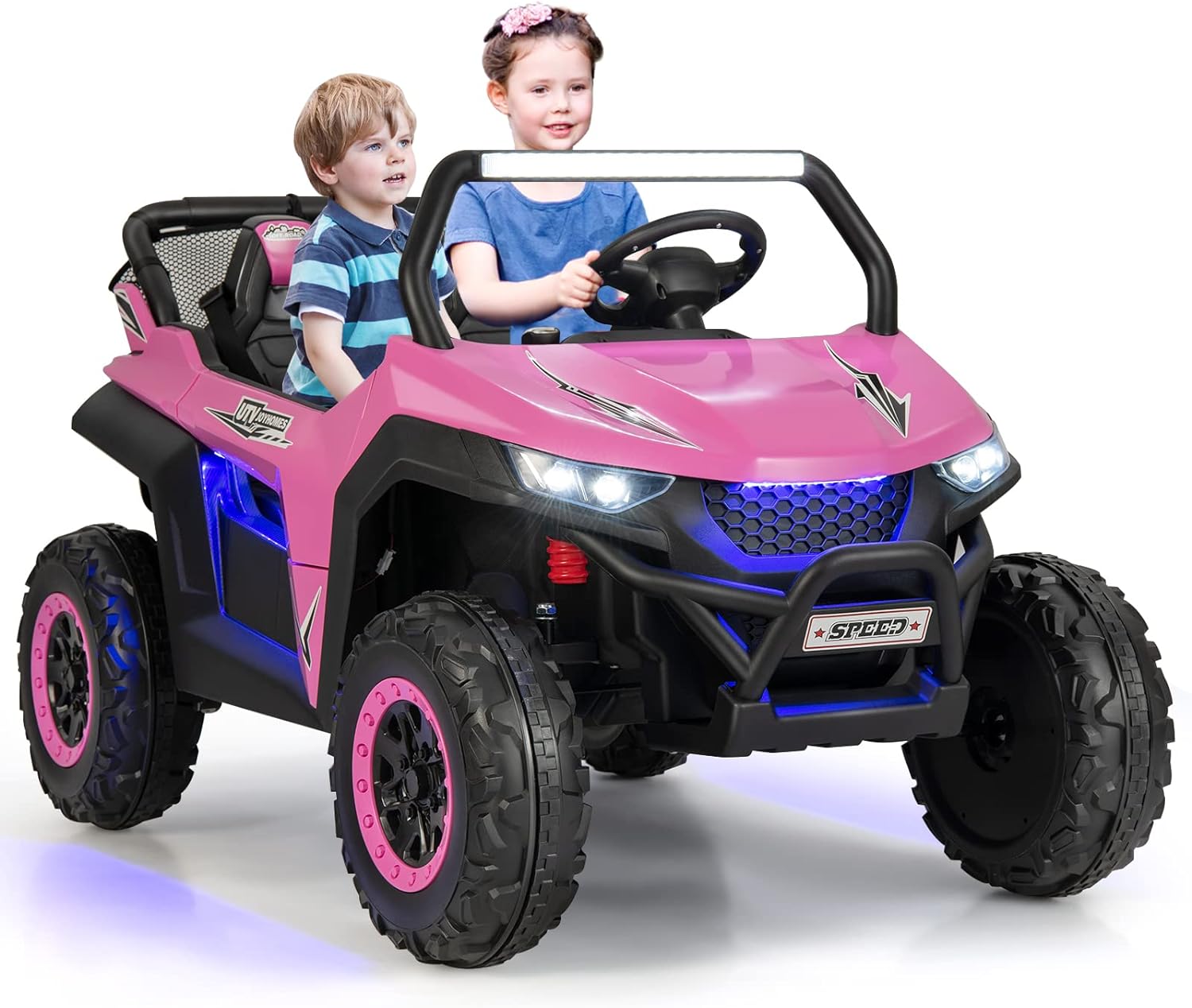 Costzon 2-Seater Ride on Car for Kids, 12V Kid' Electric Vehicles w/Remote Control, 4 Shock Absorbers, Wireless Music & FM, 3 Speeds, Ambiance Lights, Electric UTV, Kids Car for Boys Girls (Pink)